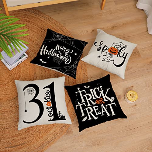 Halloween Pillow Covers 22x22 Set of 4 Black Spider Webs Bat Decor - Trick or Treat