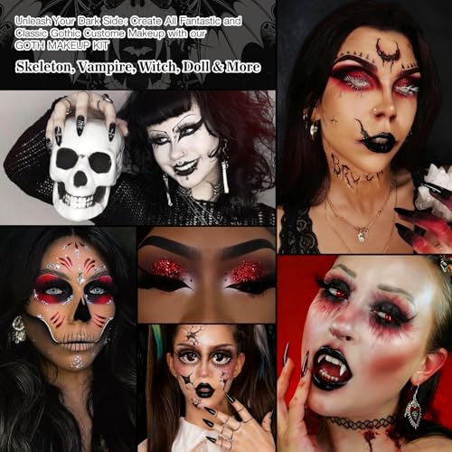 Goth Makeup Kit - Halloween Face Paint, Lipstick, Eye Shadow, False Eyelashes & Nails