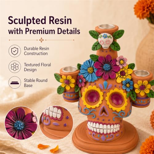 Day of The Dead Taper Candle Holder - Ofrenda Decorations for Altar - Orange