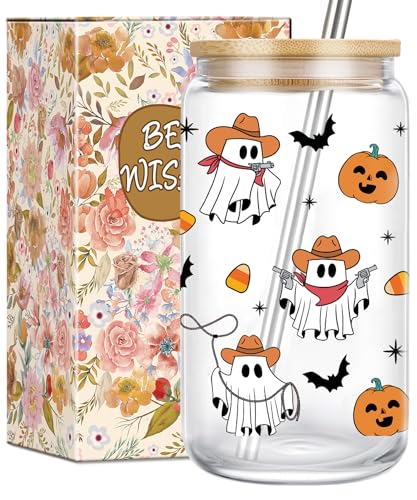 Halloween Cowboy Ghost Glass Mug – 16 oz Spooky Coffee Cup with Lid & Straw
