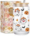 Halloween Cowboy Ghost Glass Mug – 16 oz Spooky Coffee Cup with Lid & Straw