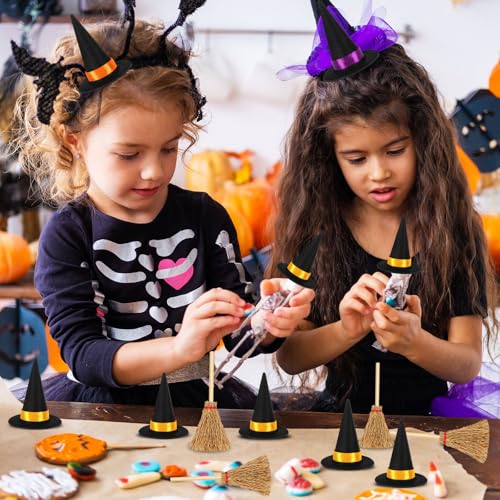 16Pcs Mini Witch Hat Set with Small Brooms for Halloween Party Crafts
