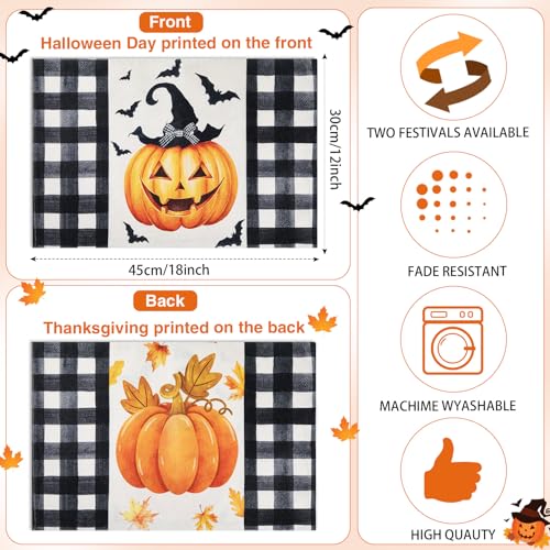 Halloween Placemats Set of 4 - Double Sided Buffalo Plaid Pumpkin Design, 12x18 Inches - Pumpkin Variation