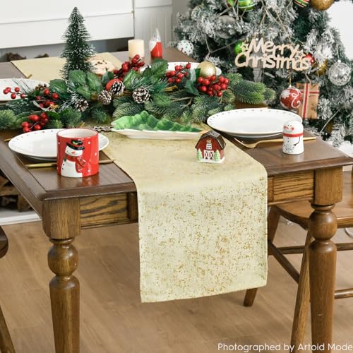 Beige Fleece Table Runner 13x60 Inch Holiday Kitchen Decor Glitter Metallic
