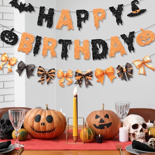 Halloween Birthday Banner - Glitter Bat & Pumpkin Decor for Girls