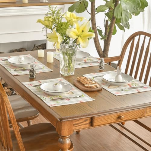Easter Bunny Rabbit Ears Buffalo Plaid Placemats Set of 6 - 12x18 Inch Seasonal Table Decor Beige