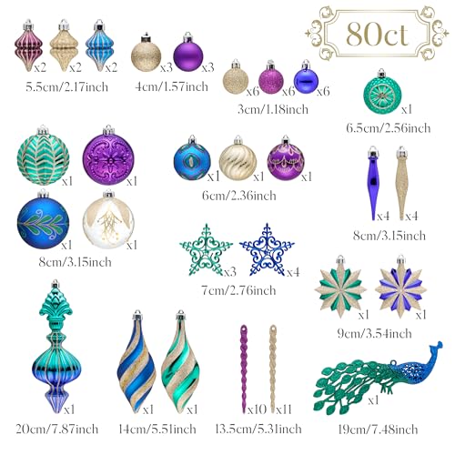 Christmas Tree Ornaments Set - 80 Shatterproof Holiday Decorations with Variety of Patterns and Finishes