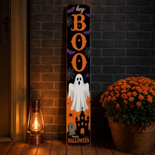 Hey Boo Halloween Porch Sign - Rustic Wooden Welcome Decoration with Ghosts & Tombstones - 47.2 Inch Vertical Farmhouse Style Halloween Sign - Variation: Hey Boo-2026
