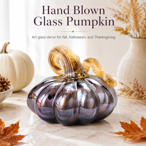 Purple Hand Blown Glass Pumpkin Fall Decor for Thanksgiving & Halloween
