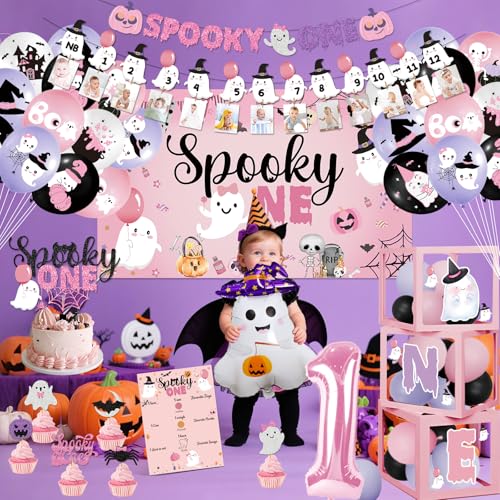 Halloween First Birthday Decorations Girl Pink Spooky Party Pack with Banner Balloons