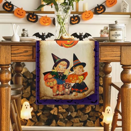 Purple Halloween Table Runner 13x72 Inch October Retro Home Party Decor