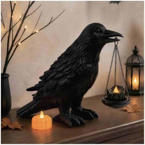 Gothic Crow Candle Holder - Halloween Decor, Resin Raven Statue for Bookshelf & Fireplace
