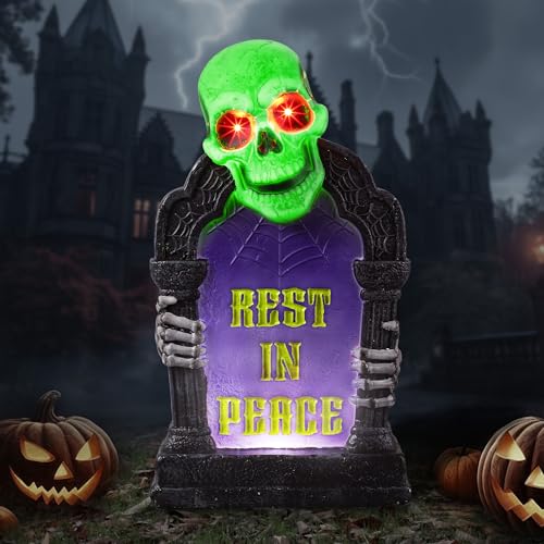 Halloween Graveyard Tombstone Decoration with Glowing Skeleton, 16.5 Inch Outdoor LED Yard Prop