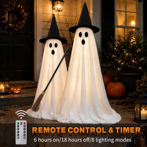 Indoor Halloween Ghost Decorations Set with Light-Up Ghosts and Broom - 2 Pack