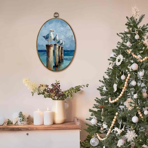 Seagull Coastal Wall Art Decor - Oval Canvas Frame, 11x8.5 Inch - Beach House Art