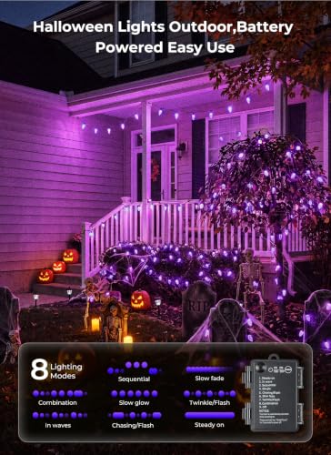 Purple Battery Operated Halloween String Lights - 33ft 50 LEDs, Waterproof with Timer
