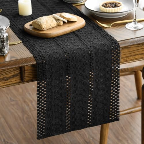 Black Woven Farmhouse Table Runner 12x72 Inch - Durable Cotton Polyester Decor