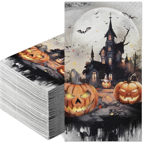 Halloween Guest Napkins 100-Pack - 3-Ply Disposable Pumpkin Castle Design