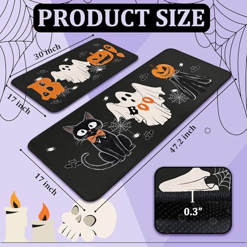 Ghost Halloween Kitchen Rugs Set of 2 - 17x47 & 17x30 Inches Non-Slip Floor Mats
