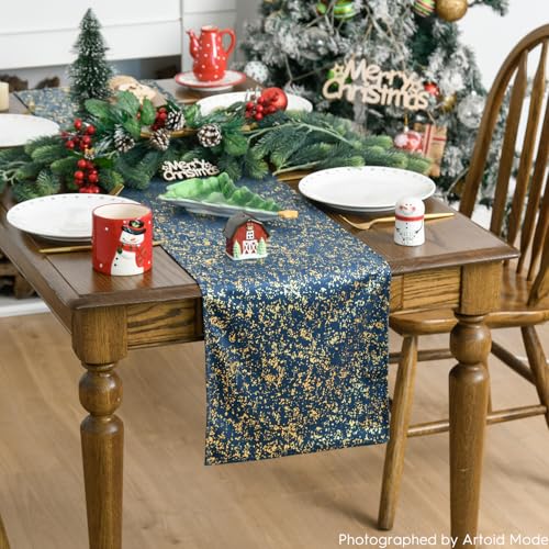 Dutch Fleece Table Runner - Navy Blue Glitter Metallic Holiday Decor 13x72 Inch