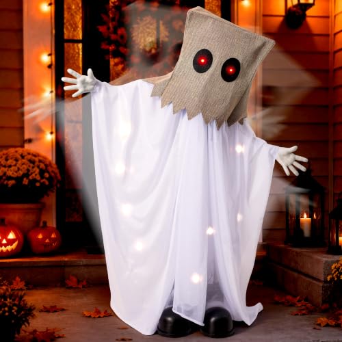 Halloween Animatronic Sack Ghost Decoration - Swinging Arms, Light Up Eyes - White - 35" - Sound Activated, Creepy Haunted House Decor