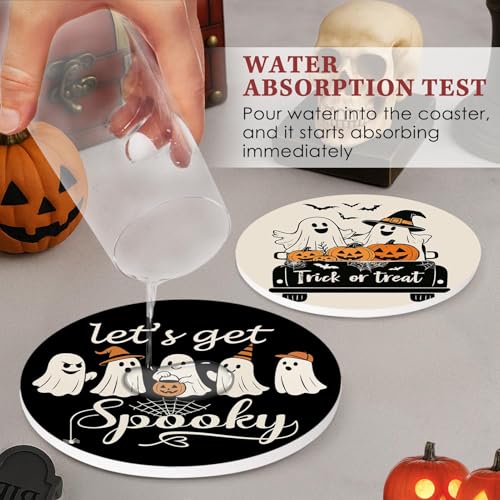 Halloween Ghost Pumpkin Ceramic Drink Coasters Set of 6 with Cork Bottom & Metal Holder - Fall Decor