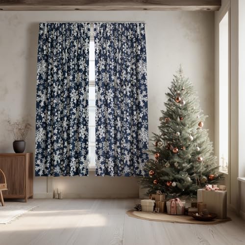 Christmas Sheer Curtains 52x96in Snow Blue Foil 2-Pack Window Decor