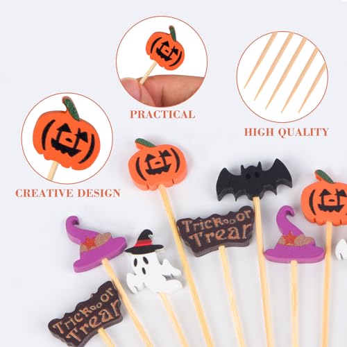 Halloween Cocktail Picks 100 Pack - Natural Bamboo Party Food Decor - Halloween