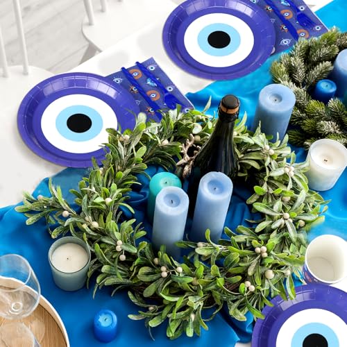 Blue Evil Eye Party Paper Plates Napkins Set - Disposable Halloween Decor 24 Servings
