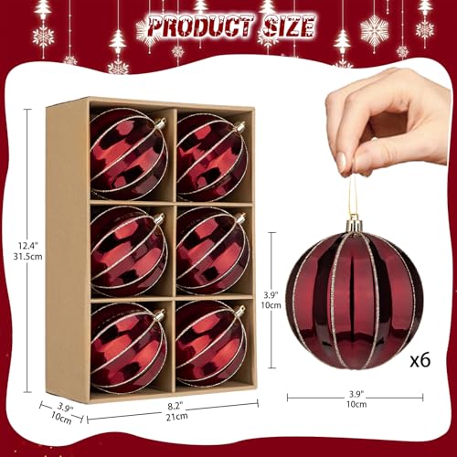 Burgundy Shatterproof Christmas Ball Ornaments - 6 Pack 3.94" Large Holiday Tree Decorations with Hanging Loops