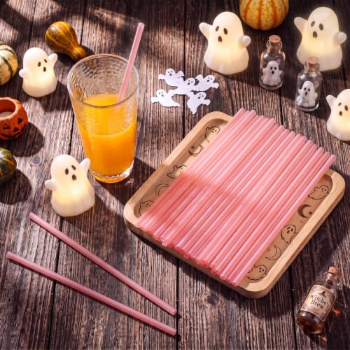 Potchen 100 Pcs Pink Halloween Ghost-Shaped Plastic Drinking Straws