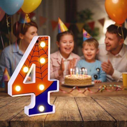 8.5-Inch Spider Light Up Number 4 - Red & Blue LED Birthday Sign, Reusable Wall & Tabletop Decor