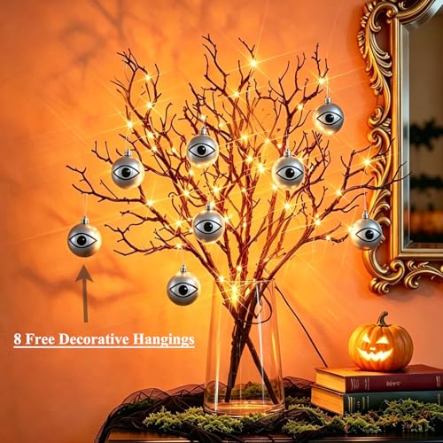 Lighted Halloween Tree Branches with Timer - 21 Inch Black Twig with Orange Fairy Lights