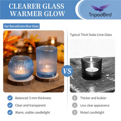 30 Pcs Blue Ribbed Glass Votive Candle Holders Set - Assorted Shapes for Home & Events