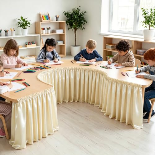 14ft Champagne Satin Table Skirt for Rectangular Tables - Wrinkle-Resistant Ruffle Party Decor