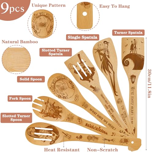 Night Theme Wooden Cooking Spoon Set with Oven Mitt & Apron - Halloween Kitchen Decor, 9 Pieces
