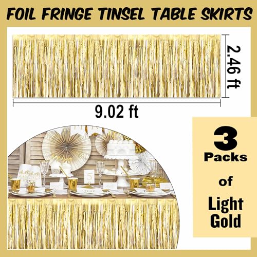 Light Gold Foil Fringe Table Skirts 3 Pack - Metallic Tinsel Streamers for Party Decorations