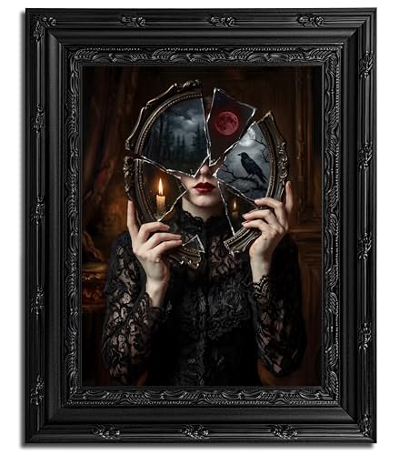Dark Gothic Wall Art Poster - Victorian Woman with Broken Mirror, Framed, 16x12 in - Gothic Home Decor