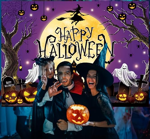 Halloween Backdrop Purple Moon Night Witch Castle Pumpkin Graveyard 8x6FT - Kids & Adults Party Decoration