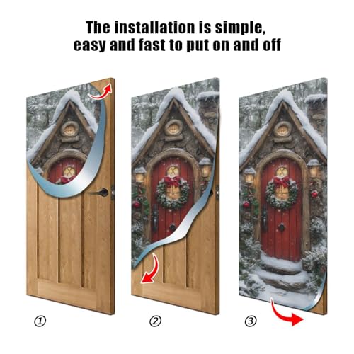 Christmas Fairy Door Cover - Stretch Fabric Porch Decoration 35x79 in - Holiday Door Cover