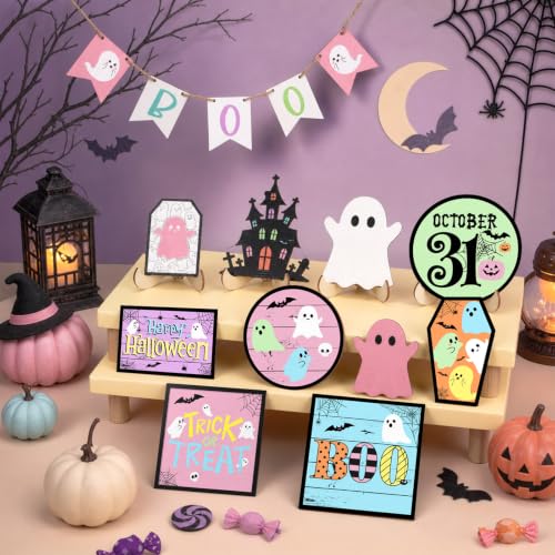 Pastel Halloween Wooden Tiered Tray Decor Set - 15 Pcs, Rustic Farmhouse Style