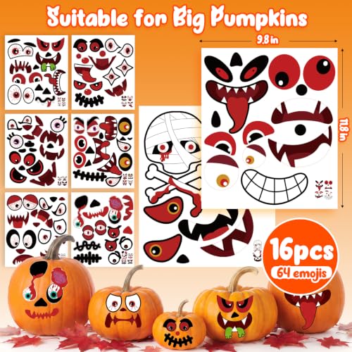 Halloween Pumpkin Stickers Kit - 64 Assorted Face & Decor Sticker Set - Variation A