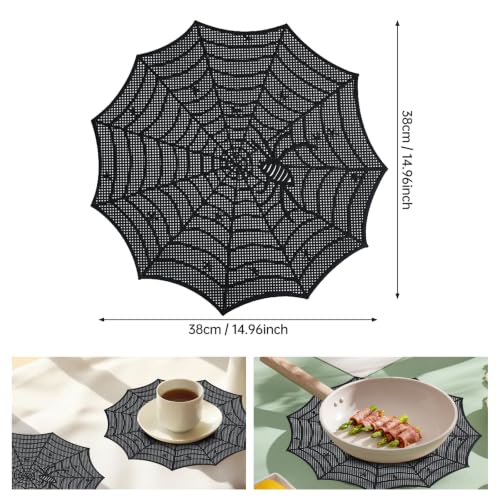 Spider Web Halloween Placemats Set of 8 - Black Round Table Mats, Heat-Resistant