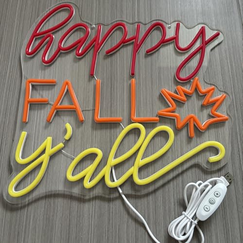 Happy Fall Y'all Neon Sign - Fall Decor LED Light with Hanging Chain - Yellow+Red Variation