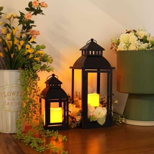 Black Metal LED Lanterns Set of 2 - Large & Medium Outdoor Indoor Decor with Bronze Brush - No Glass