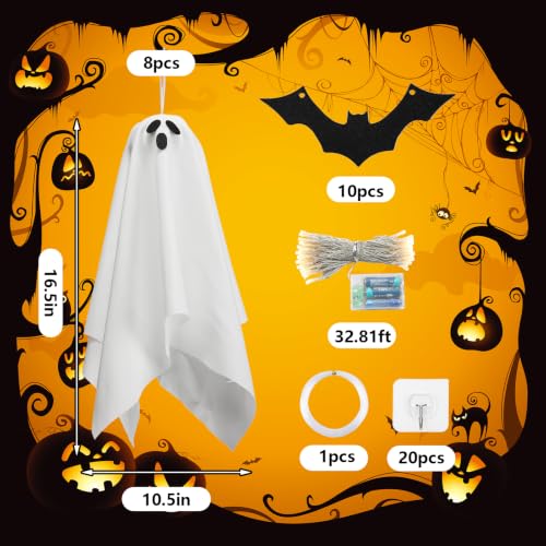 Halloween Hanging Ghosts and Bats Decoration Set with LED String Lights - Indoor Outdoor Festive Decor