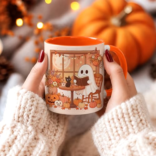 Ghost Fall Reading Mug 11 Oz with Keychain - Book Lover Gift, Halloween & Autumn Theme - Variation: Ghost Fall & Cat