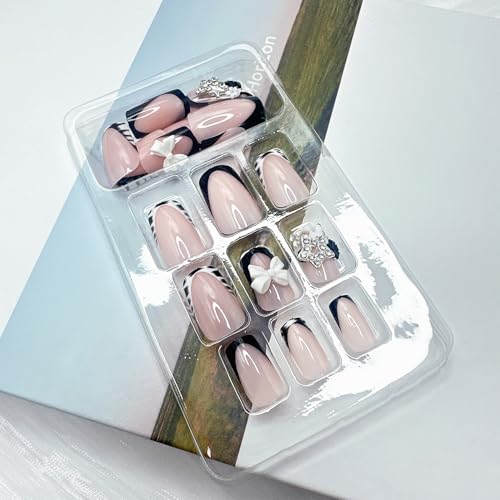 Colorful 8-Piece French Tip Press-On Nails Short Square Fake Nails with Bow Flower Rhinestones