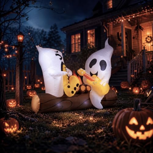 6 Ft Halloween Inflatable Ghosts with Built-In LED Lights and Campfire Music Decor