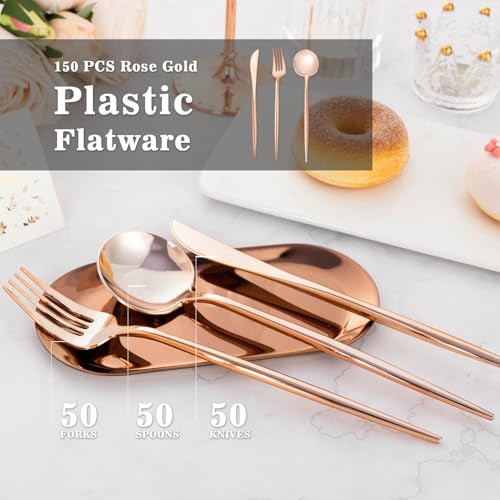 150PCS Rose Gold Plastic Silverware Set - Heavy Duty Disposable Utensils for Parties